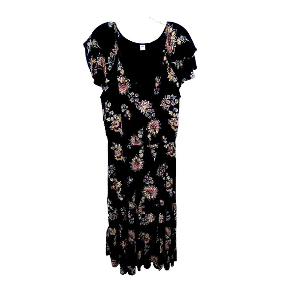 Old Navy Women's Double Ruffle Short Sleeve Maxi Black Flora Print Dress Size L - Picture 1 of 5